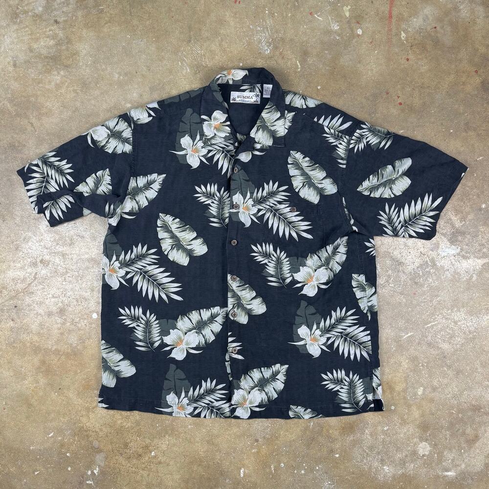 Summa Silk Hawaiian Shirt Men’s XL Black Floral Aloha Camp Button Up‎ Y2K